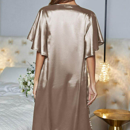 Satin Flutter Sleeve Side Slit V-Neck Night Dress - MimiStylez