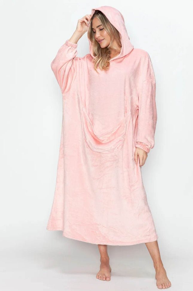 Double Take Full Size Pocketed Hooded Midi Lounge Dress - MimiStylez