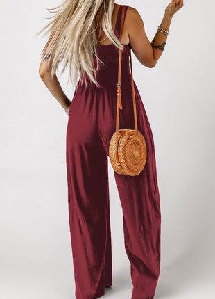 Smocked Square Neck Wide Leg Jumpsuit with Pockets - MimiStylez