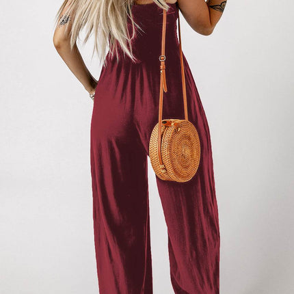 Smocked Square Neck Wide Leg Jumpsuit with Pockets - MimiStylez