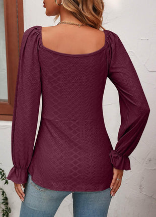 Tie Front V-Neck Puff Sleeve Blouse - MimiStylez