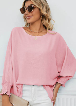 Smocked Lantern Sleeve Round Neck Blouse - MimiStylez