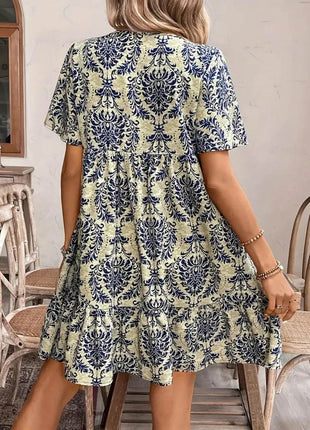 Printed Tie Neck Short Sleeve Dress - MimiStylez