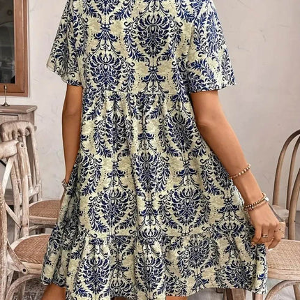 Printed Tie Neck Short Sleeve Dress - MimiStylez