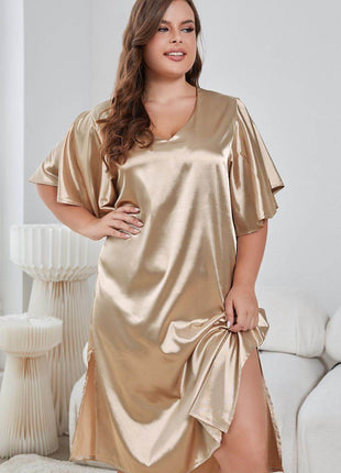 Plus Size Flutter Sleeve V-Neck Side Slit Night Gown - MimiStylez
