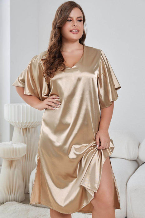 Plus Size Flutter Sleeve V-Neck Side Slit Night Gown - MimiStylez