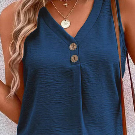 Full Size Decorative Button V-Neck Tank - MimiStylez