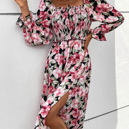 Slit Smocked Floral Flounce Sleeve Dress - MimiStylez