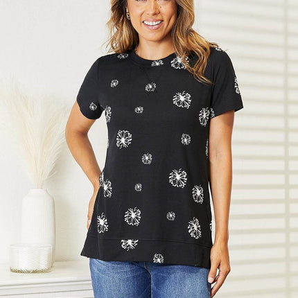 Double Take Dandelion Print Round Neck T-Shirt - MimiStylez