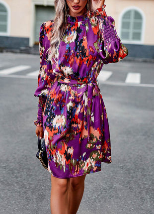Printed Tie Waist Mock Neck Lantern Sleeve Dress - MimiStylez