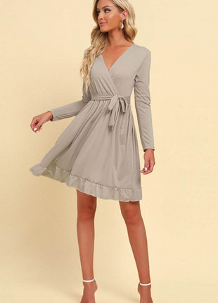 Long Sleeve Tie Waist Ruffle Hem Dress - MimiStylez