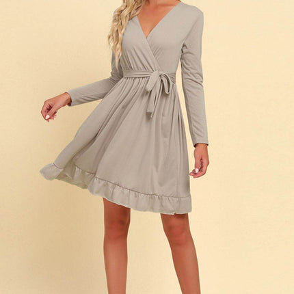 Long Sleeve Tie Waist Ruffle Hem Dress - MimiStylez