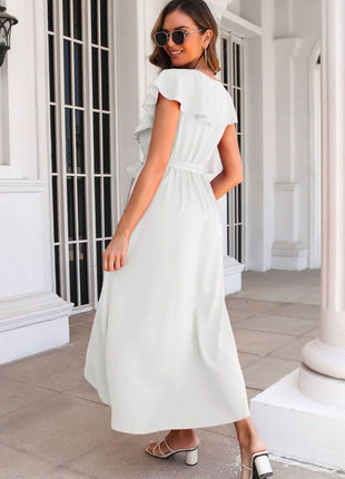 Ruffled Surplice Tie Waist Slit Midi Dress - MimiStylez