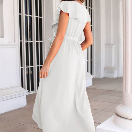Ruffled Surplice Tie Waist Slit Midi Dress - MimiStylez