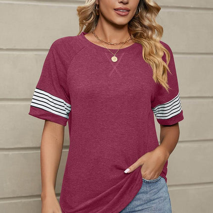 Striped Round Neck Short Sleeve T-Shirt - MimiStylez