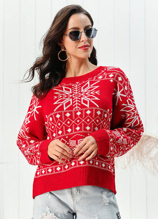 Snowflake Pattern Round Neck Sweater - MimiStylez