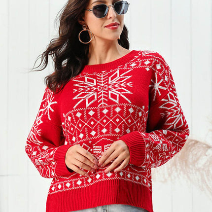 Snowflake Pattern Round Neck Sweater - MimiStylez