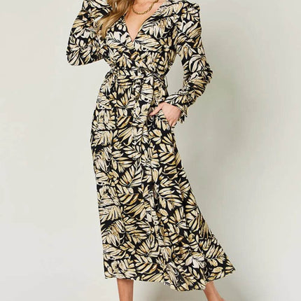 Double Take Full Size Tie Back Flounce Sleeve Dress - MimiStylez