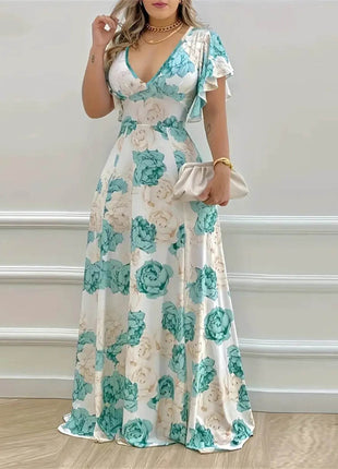 Plus Size Floral Print V-Neck Maxi Dress with Flutter Sleeves - MimiStylez