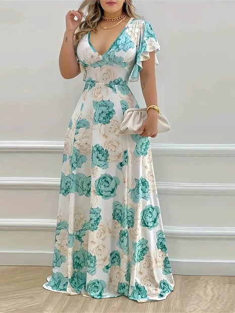 Plus Size Floral Print V-Neck Maxi Dress with Flutter Sleeves - MimiStylez