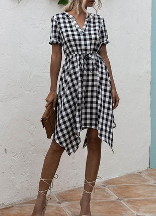 Plaid Notched Short Sleeve Dress - MimiStylez
