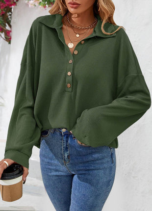 Half Button Collared Neck Long Sleeve Top - MimiStylez