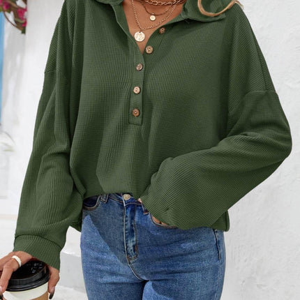 Half Button Collared Neck Long Sleeve Top - MimiStylez