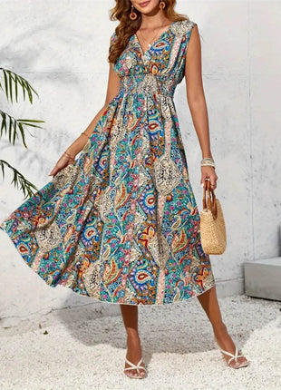 Smocked Printed Surplice Sleeveless Midi Dress - MimiStylez