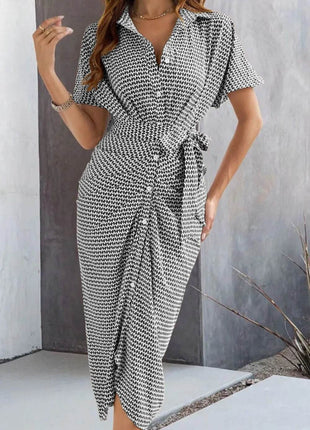 Devine Collared Neck Short Sleeve Midi Shirt Dress - MimiStylez