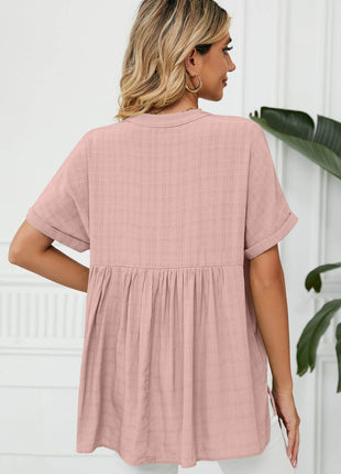 Side Slit Notched Neck Cuffed Short Sleeve Blouse - MimiStylez
