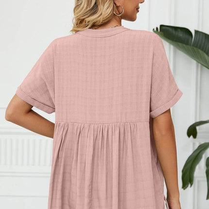 Side Slit Notched Neck Cuffed Short Sleeve Blouse - MimiStylez