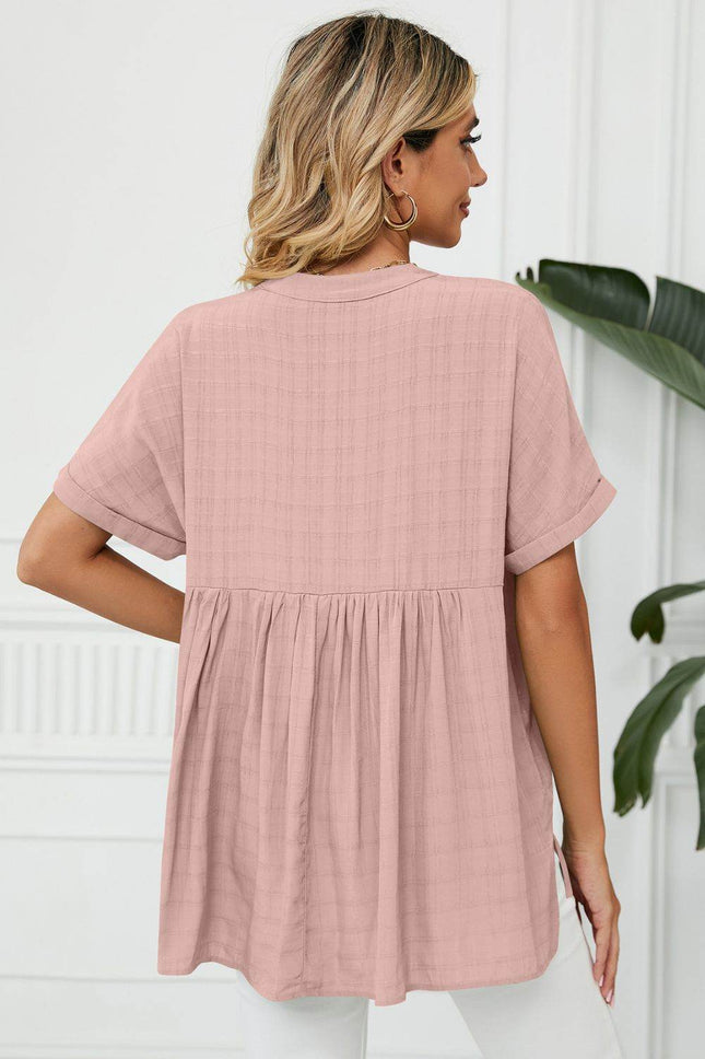 Side Slit Notched Neck Cuffed Short Sleeve Blouse - MimiStylez