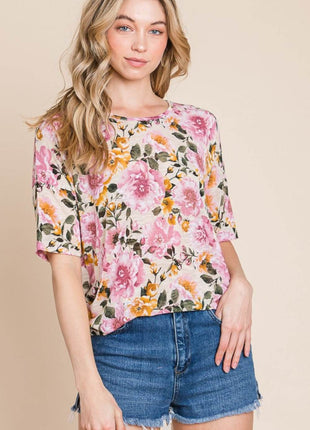 BOMBOM Floral Round Neck T-Shirt - MimiStylez