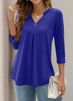 Notched Three-Quarter Sleeve T-Shirt - MimiStylez