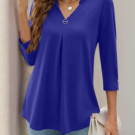 Notched Three-Quarter Sleeve T-Shirt - MimiStylez