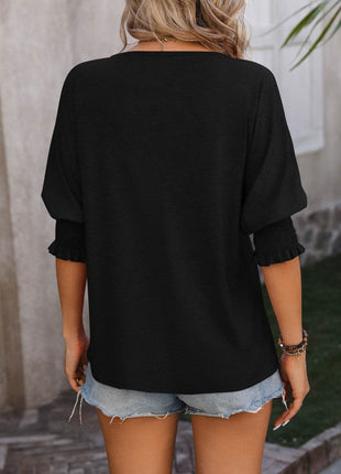 Heathered Notched Lantern Sleeve Blouse - MimiStylez