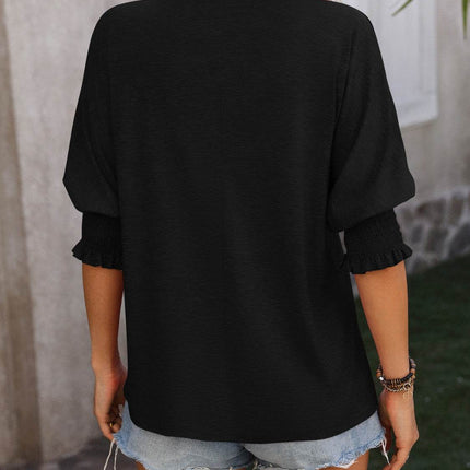 Heathered Notched Lantern Sleeve Blouse - MimiStylez