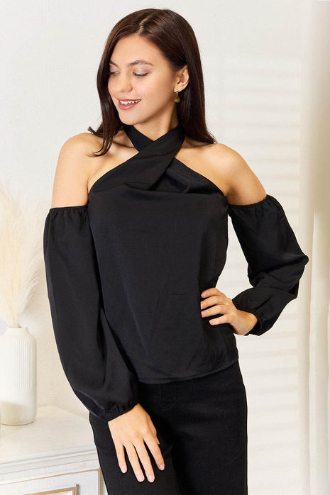 Grecian Cold Shoulder Long Sleeve Blouse - MimiStylez