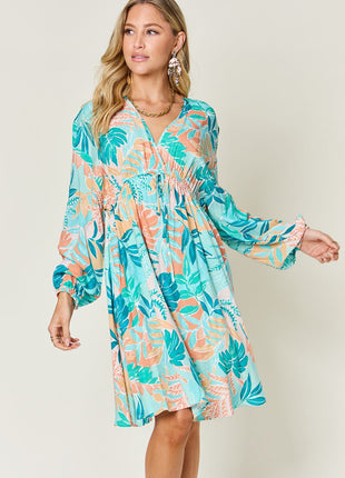 Double Take Full Size Printed V-Neck Drawstring Dress