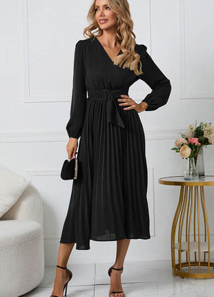 V-Neck Long Sleeve Tie Waist Midi Dress - MimiStylez