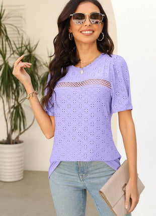 Eyelet Round Neck Short Sleeve T-Shirt - MimiStylez
