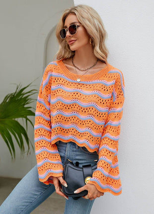 Round Neck Openwork Flare Sleeve Knit Top - MimiStylez