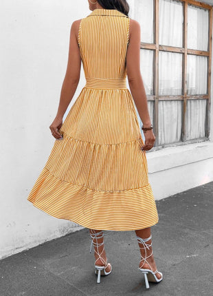 Striped Johnny Collar Sleeveless Midi Dress - MimiStylez