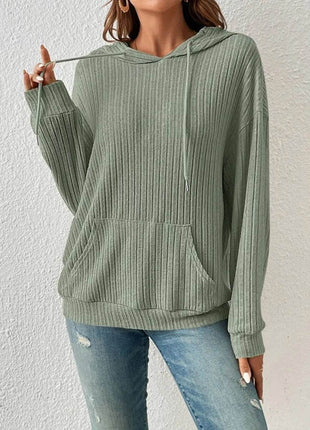 Ribbed Dropped Shoulder Drawstring Hoodie - MimiStylez