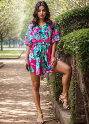 Printed Surplice Half Sleeve Romper - MimiStylez