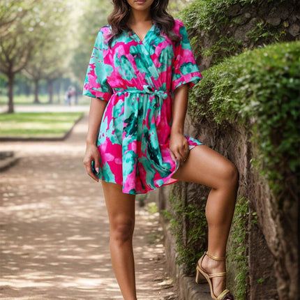 Printed Surplice Half Sleeve Romper - MimiStylez