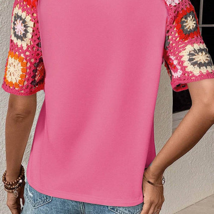 Geometric Round Neck Short Sleeve Blouse - MimiStylez