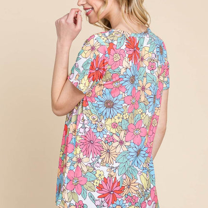 BOMBOM Floral Short Sleeve T-Shirt - MimiStylez