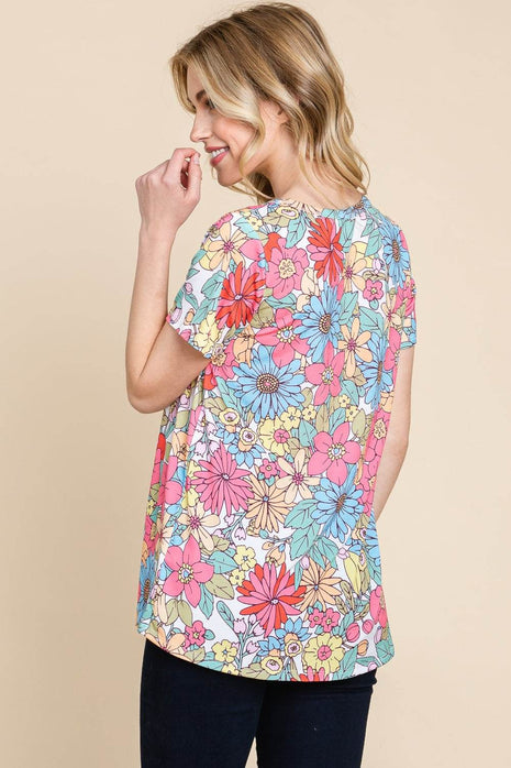 BOMBOM Floral Short Sleeve T-Shirt - MimiStylez