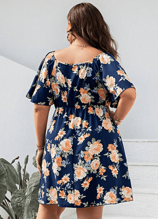 Plus Size Floral Print V-Neck Flutter Sleeve Mini Dress - MimiStylez